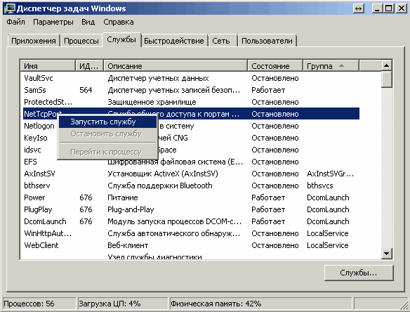 Службы диспетчера задач Windows 7