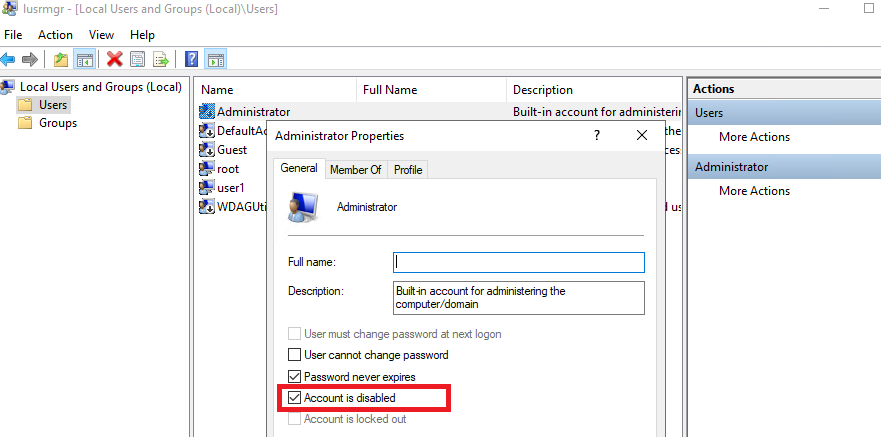 разблокировать локального администратора в Windows 10 в консоли управления пользователями