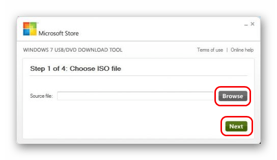 выберите носитель записи в Windows USBDVD Download Tool
