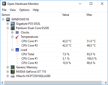 Контроль температуры процессора с помощью программы Open Hardware Monitor