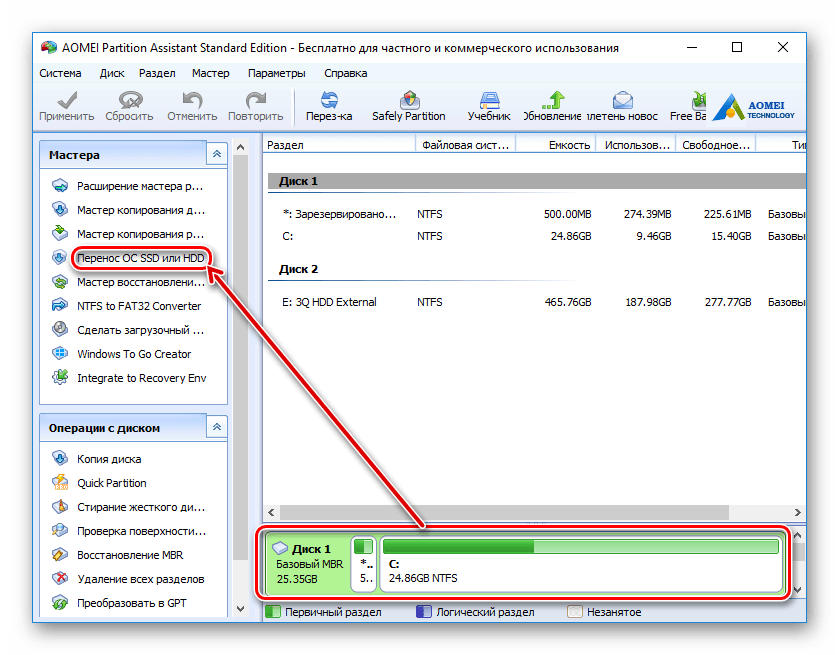 Миграция системы на AOMEI Partition Standard Edition