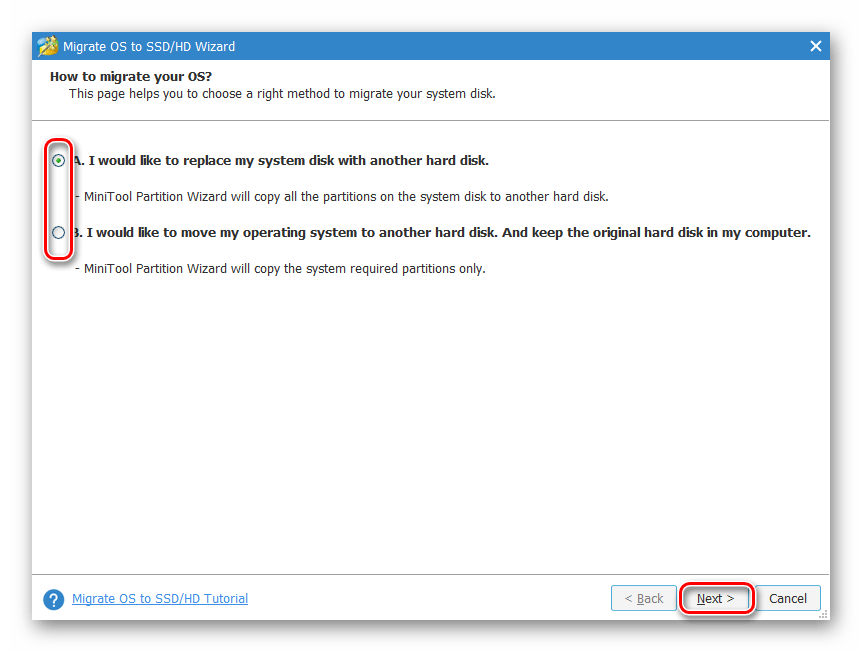 Выберите способ переноса операционной системы в MiniTool Partition Wizard