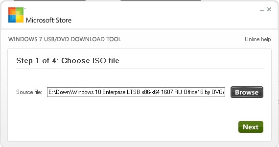Выберите файл ISO в инструменте загрузки USB / DVD