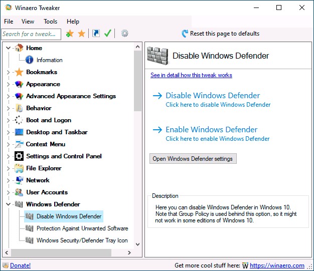 Отключите Защитник Windows в утилите настройки winaero