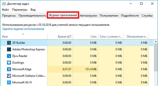 Вкладка реестра программы